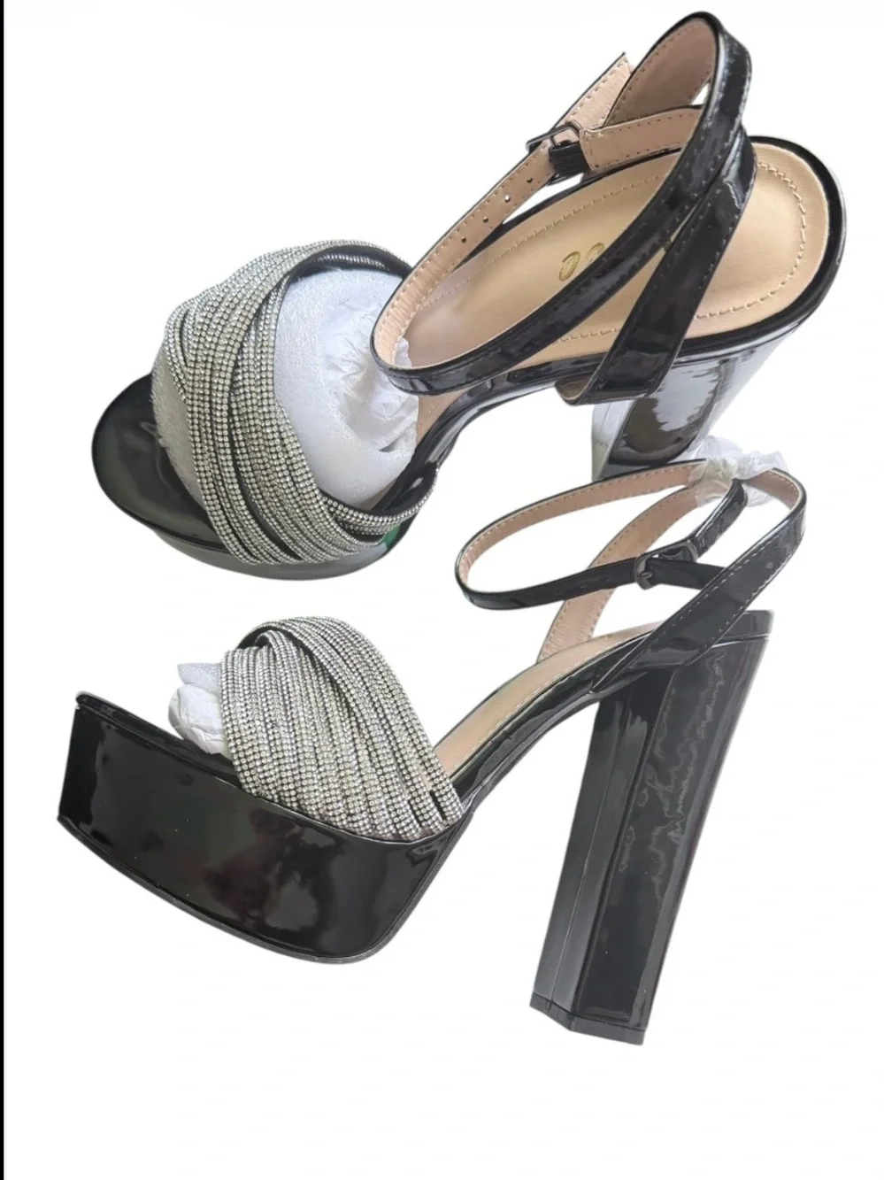 Black Platform High Heel Sandals with Silver Beaded Straps